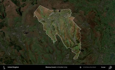 Blaenau Gwent. Birleşik Krallık 'ın idari alanı, Ekim 2019' da çekilen Kopernik Nöbetçi karolarından oluşan koyu renkli bir uydu görüntüsü üzerinde vurgulandı ve özetlendi.