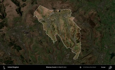 Blaenau Gwent. Birleşik Krallık 'ın idari alanı, Mart 2022' de çekilen Kopernik Nöbetçi karolarından oluşan koyu renkli bir uydu görüntüsü üzerinde vurgulandı ve özetlendi.