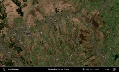 Blaenau Gwent. Mart 2022 'de çekilen Kopernik Nöbetçi karolarından oluşan bir uydu görüntüsü üzerinde Birleşik Krallık' ın idari alanı