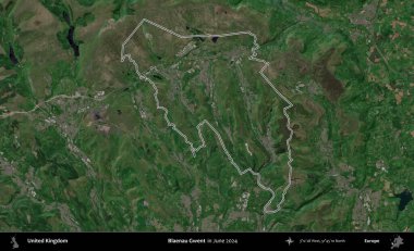 Blaenau Gwent. Haziran 2024 'te çekilen Kopernik Nöbetçi karolarından oluşan bir uydu görüntüsü üzerinde Birleşik Krallık' ın idari alanının ana hatlarını belirledik.