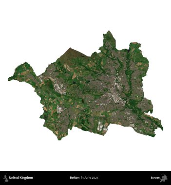 Bolton. Birleşik Krallık 'ın idari alanı, Haziran 2023' te çekilen Kopernik Nöbetçi karolarından oluşan bir uydu görüntüsü üzerinde beyaza izole edilmiştir.