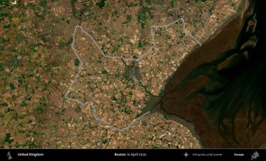 - Boston. Nisan 2020 'de çekilen Kopernik Nöbetçi karolarından oluşan bir uydu görüntüsü üzerinde Birleşik Krallık' ın idari alanının ana hatlarını belirledik.