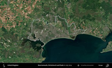Bournemouth, Christchurch ve Poole. Temmuz 2024 'te çekilen Copernicus Sentinel karolarından oluşan bir uydu görüntüsü üzerinde Birleşik Krallık' ın idari bölgesinin ana hatlarını belirledik.