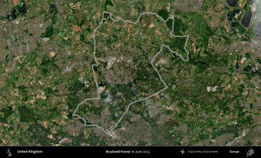 Bracknell Ormanı. Haziran 2023 'te çekilen Kopernik Nöbetçi karolarından oluşan bir uydu görüntüsü üzerinde Birleşik Krallık' ın idari alanının ana hatlarını belirledik.