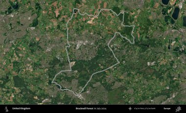 Bracknell Ormanı. Temmuz 2024 'te çekilen Copernicus Sentinel karolarından oluşan bir uydu görüntüsü üzerinde Birleşik Krallık' ın idari bölgesinin ana hatlarını belirledik.