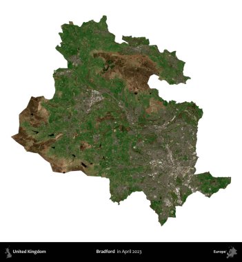 Bradford. Birleşik Krallık 'ın idari alanı, Nisan 2023' te çekilen Kopernik Nöbetçi karolarından oluşan bir uydu görüntüsü üzerinde beyaza izole edilmiştir.