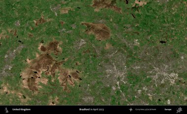 Bradford. Nisan 2023 'te çekilen Kopernik Nöbetçi karolarından oluşan bir uydu görüntüsü üzerinde Birleşik Krallık' ın idari alanı