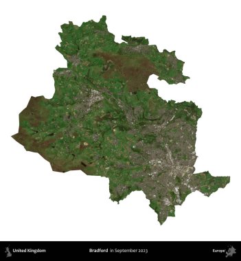 Bradford. Birleşik Krallık 'ın idari alanı, Eylül 2023' te çekilen Kopernik Nöbetçi karolarından oluşan bir uydu görüntüsü üzerinde beyaza izole edildi.