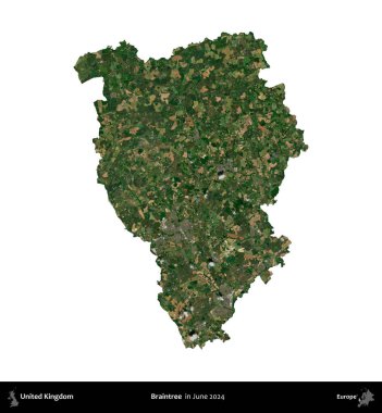 Braintree. Birleşik Krallık 'ın idari alanı, Haziran 2024' te çekilen Kopernik Nöbetçi karolarından oluşan bir uydu görüntüsüyle beyaza izole edilmiştir.