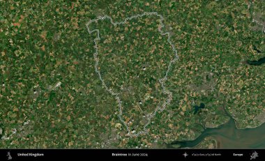 Braintree. Haziran 2024 'te çekilen Kopernik Nöbetçi karolarından oluşan bir uydu görüntüsü üzerinde Birleşik Krallık' ın idari alanının ana hatlarını belirledik.