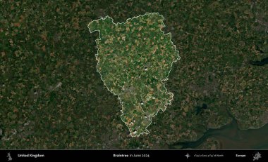 Braintree. Birleşik Krallık 'ın idari alanı, Haziran 2024' te çekilen Kopernik Nöbetçi karolarından oluşan koyu renkli bir uydu görüntüsü üzerinde vurgulandı ve özetlendi.