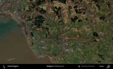 Bridgend. Kopernik Sentinel 'in Şubat 2021' de çekilmiş uydu görüntüsü üzerine Birleşik Krallık 'ın idari alanı