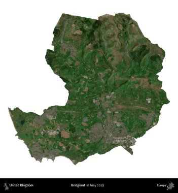 Bridgend. Birleşik Krallık 'ın idari alanı, Mayıs 2023' te çekilen Kopernik Nöbetçi karolarından oluşan bir uydu görüntüsü üzerinde beyaza izole edilmiştir.