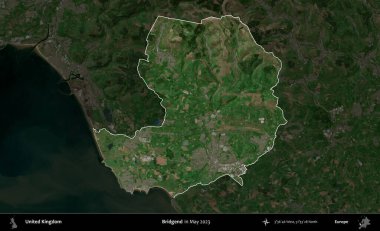 Bridgend. Birleşik Krallık 'ın idari alanı, Mayıs 2023' te çekilen Kopernik Nöbetçi karolarından oluşan koyu renkli bir uydu görüntüsü üzerinde vurgulandı ve özetlendi.