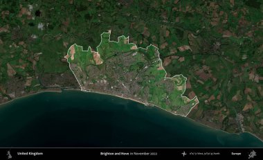 Brighton ve Hove. Birleşik Krallık 'ın idari alanı, Kasım 2022' de çekilen Kopernik Nöbetçi karolarından oluşan koyu renkli bir uydu görüntüsü üzerinde vurgulandı ve özetlendi.