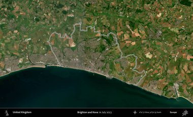 Brighton ve Hove. Temmuz 2023 'te çekilen Copernicus Sentinel karolarından oluşan bir uydu görüntüsü üzerinde Birleşik Krallık' ın idari bölgesinin ana hatlarını belirledik.