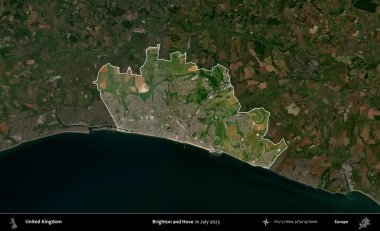 Brighton ve Hove. Birleşik Krallık 'ın idari alanı, Temmuz 2023' te çekilen Kopernik Nöbetçi karolarından oluşan koyu renkli bir uydu görüntüsüyle vurgulanmış ve özetlenmiştir.
