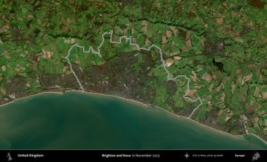 Brighton ve Hove. Kasım 2023 'te çekilen Kopernik Nöbetçi karolarından oluşan bir uydu görüntüsü üzerinde Birleşik Krallık' ın idari alanının ana hatlarını belirledik.