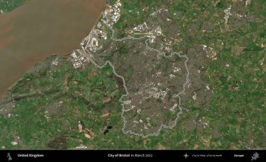 Bristol şehri. Mart 2022 'de çekilen Copernicus Sentinel karolarından oluşan bir uydu görüntüsü üzerinde Birleşik Krallık' ın idari alanının ana hatlarını belirledik.