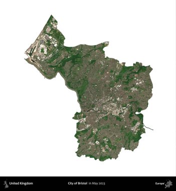 Bristol şehri. Birleşik Krallık 'ın idari alanı, Mayıs 2023' te çekilen Kopernik Nöbetçi karolarından oluşan bir uydu görüntüsü üzerinde beyaza izole edilmiştir.