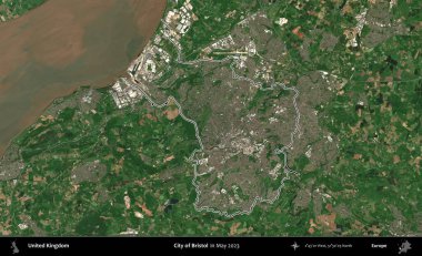 Bristol şehri. Mayıs 2023 'te çekilen Copernicus Sentinel karolarından oluşan bir uydu görüntüsü üzerinde Birleşik Krallık' ın idari alanının ana hatlarını belirledik.