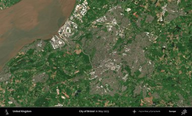Bristol şehri. Mayıs 2023 'te Copernicus Sentinel karolarından oluşan bir uydu görüntüsü üzerinde Birleşik Krallık' ın idari alanı