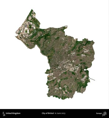 Bristol şehri. Birleşik Krallık 'ın idari alanı, Haziran 2023' te çekilen Kopernik Nöbetçi karolarından oluşan bir uydu görüntüsü üzerinde beyaza izole edilmiştir.