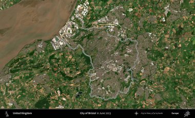 Bristol şehri. Haziran 2023 'te çekilen Kopernik Nöbetçi karolarından oluşan bir uydu görüntüsü üzerinde Birleşik Krallık' ın idari alanının ana hatlarını belirledik.