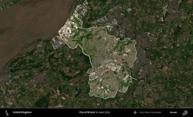 Bristol şehri. Birleşik Krallık 'ın idari alanı, Haziran 2023' te çekilen Kopernik Nöbetçi karolarından oluşan koyu renkli bir uydu görüntüsüyle vurgulanmış ve özetlenmiştir.