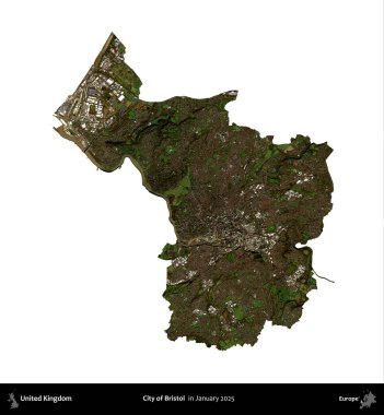 Bristol şehri. Birleşik Krallık 'ın idari alanı, Copernicus Sentinel' in Ocak 2025 'te çekilen uydu görüntüsüyle beyaza izole edilmiştir.