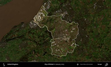 Bristol şehri. Birleşik Krallık 'ın idari alanı, Ocak 2025' te çekilen Kopernik Nöbetçi karolarından oluşan koyu renkli bir uydu görüntüsü üzerinde vurgulandı ve özetlendi.
