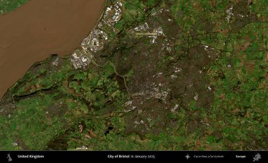Bristol şehri. Ocak 2025 'te çekilen Kopernik Nöbetçi karolarından oluşan bir uydu görüntüsü üzerinde Birleşik Krallık' ın idari alanı