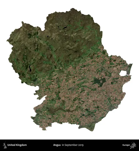 Angus. Birleşik Krallık 'ın idari alanı, Eylül 2019' da çekilen Kopernik Nöbetçi karolarından oluşan bir uydu görüntüsü üzerinde beyaza izole edilmiştir.