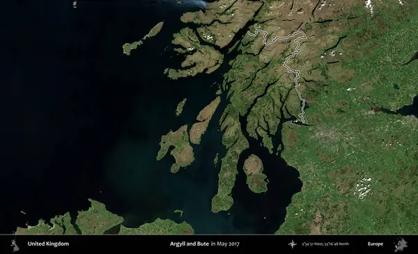 Argyll ve Bute. Mayıs 2017 'de çekilen Copernicus Sentinel karolarından oluşan bir uydu görüntüsü üzerinde Birleşik Krallık' ın idari bölgesinin ana hatlarını belirledik.