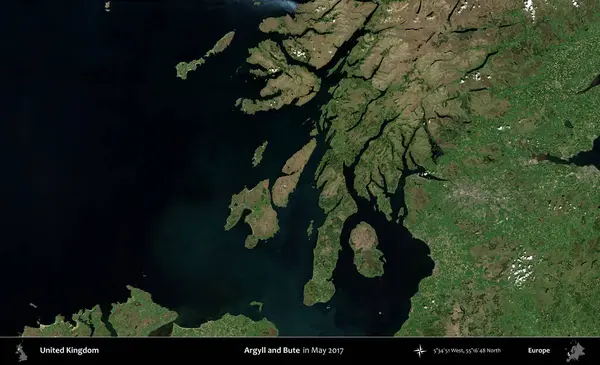 Argyll ve Bute. Mayıs 2017 'de Copernicus Sentinel karolarından oluşan bir uydu görüntüsü üzerinde Birleşik Krallık' ın idari alanı