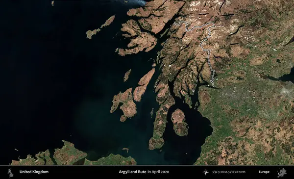 Argyll ve Bute. Nisan 2020 'de çekilen Kopernik Nöbetçi karolarından oluşan bir uydu görüntüsü üzerinde Birleşik Krallık' ın idari alanının ana hatlarını belirledik.