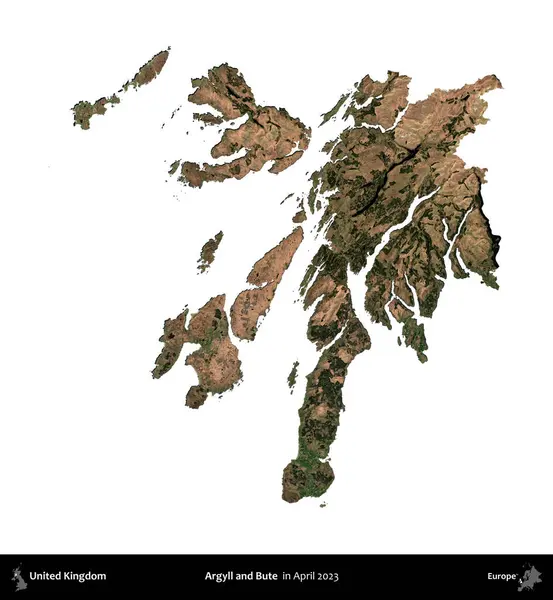 Argyll ve Bute. Birleşik Krallık 'ın idari alanı, Nisan 2023' te çekilen Kopernik Nöbetçi karolarından oluşan bir uydu görüntüsü üzerinde beyaza izole edilmiştir.