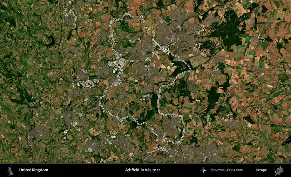 Ashfield. Temmuz 2022 'de çekilen Copernicus Sentinel karolarından oluşan bir uydu görüntüsü üzerinde Birleşik Krallık' ın idari bölgesinin ana hatlarını belirledik.