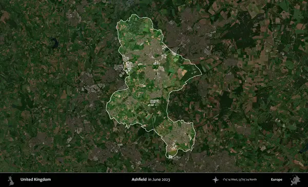 Ashfield. Birleşik Krallık 'ın idari alanı, Haziran 2023' te çekilen Kopernik Nöbetçi karolarından oluşan koyu renkli bir uydu görüntüsüyle vurgulanmış ve özetlenmiştir.