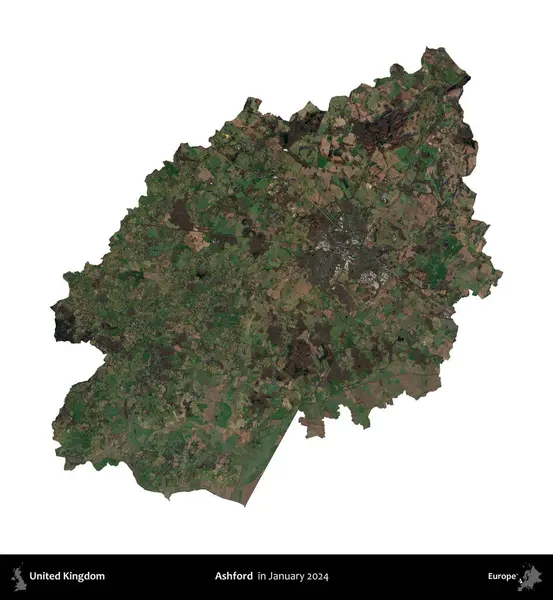 Ashford. Birleşik Krallık 'ın idari alanı, Copernicus Sentinel' in Ocak 2024 'te çekilen uydu görüntüsüyle beyaza izole edildi.