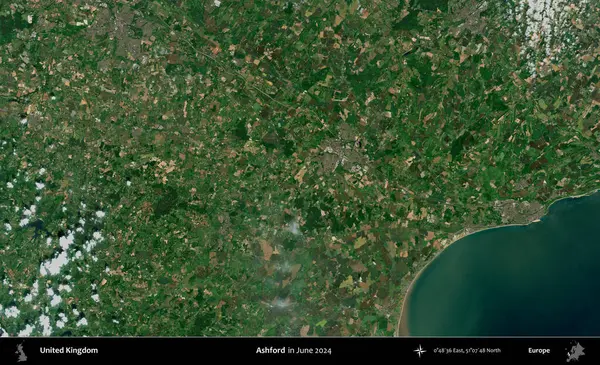 Ashford. Haziran 2024 'te çekilen Kopernik Nöbetçi karolarından oluşan bir uydu görüntüsü üzerinde Birleşik Krallık' ın idari alanı