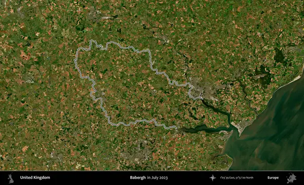 Babergh. Temmuz 2023 'te çekilen Copernicus Sentinel karolarından oluşan bir uydu görüntüsü üzerinde Birleşik Krallık' ın idari bölgesinin ana hatlarını belirledik.