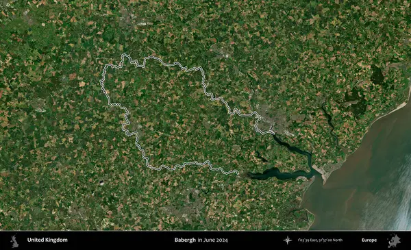 Babergh. Haziran 2024 'te çekilen Kopernik Nöbetçi karolarından oluşan bir uydu görüntüsü üzerinde Birleşik Krallık' ın idari alanının ana hatlarını belirledik.