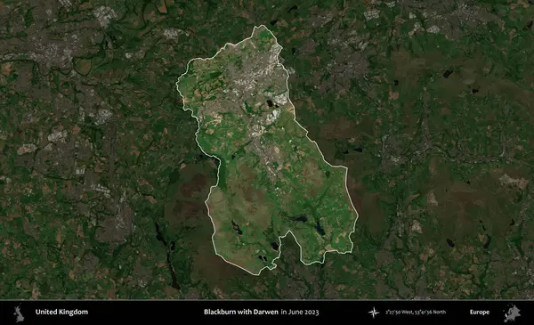 Blackburn ve Darwen. Birleşik Krallık 'ın idari alanı, Haziran 2023' te çekilen Kopernik Nöbetçi karolarından oluşan koyu renkli bir uydu görüntüsüyle vurgulanmış ve özetlenmiştir.