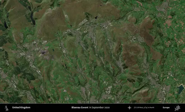 Blaenau Gwent. Eylül 2020 'de Copernicus Sentinel karolarından oluşan bir uydu görüntüsü üzerinde Birleşik Krallık' ın idari alanı
