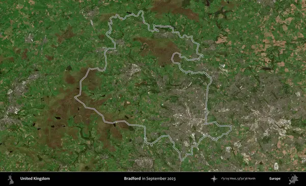Bradford. Eylül 2023 'te çekilen Kopernik Nöbetçi karolarından oluşan bir uydu görüntüsü üzerinde Birleşik Krallık' ın idari bölgesinin ana hatlarını belirledik.