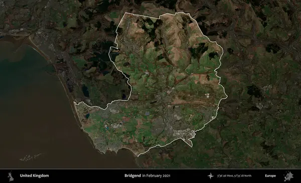 Bridgend. Birleşik Krallık 'ın idari alanı, Şubat 2021' de çekilen Kopernik Nöbetçi karolarından oluşan koyu renkli bir uydu görüntüsü üzerinde vurgulandı ve özetlendi.