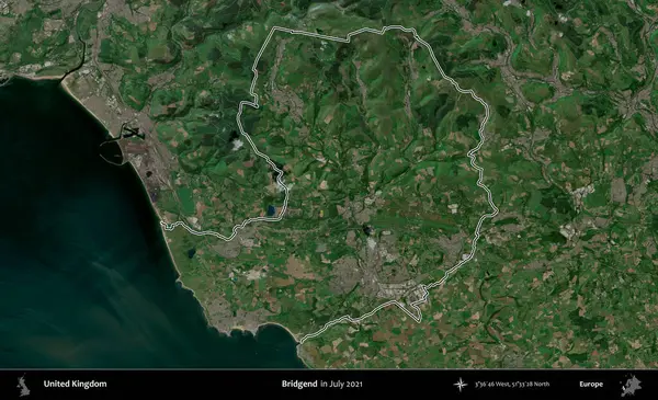 Bridgend. Temmuz 2021 'de çekilen Copernicus Sentinel karolarından oluşan bir uydu görüntüsü üzerinde Birleşik Krallık' ın idari bölgesinin ana hatlarını belirledik.