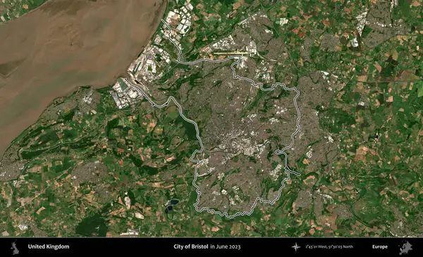 Bristol şehri. Haziran 2023 'te çekilen Kopernik Nöbetçi karolarından oluşan bir uydu görüntüsü üzerinde Birleşik Krallık' ın idari alanının ana hatlarını belirledik.