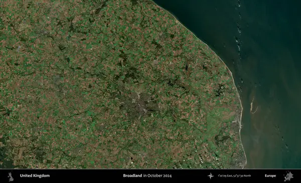 Geniş arazi. Ekim 2024 'te Copernicus Sentinel karolarından oluşan bir uydu görüntüsü üzerinde Birleşik Krallık' ın idari alanı